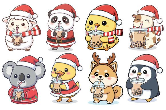 Cute Christmas Boba Tea Animals SVG: Graphics for T-Shirt Designs